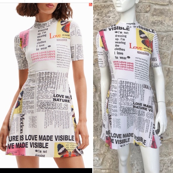 Super Cute Desigual Newspaper Print Skater Dress Fit and Flare Short Sleeve S/M - Picture 1 of 16